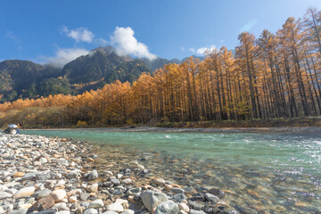 Fototapeta premium Kamikochi with beautiful mountains and a very popular touristic place for nature lovers. located in the Northern Japan Alps near Matsumoto Nagano Prefecture Japan.