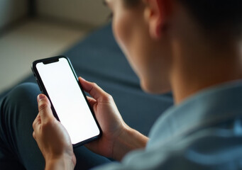 Young person engaged with smartphone while sitting comfortably indoors.
