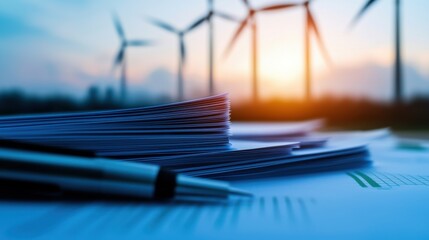 green energy alternative policy Concept. A stack of papers and pens in the foreground, with wind turbines silhouetted against a sunset in the background, symbolizing renewable energy 