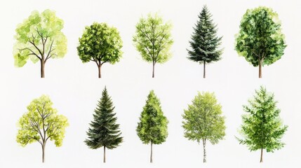 Fototapeta premium various green trees with different shapes and sizes, isolated on a white background.