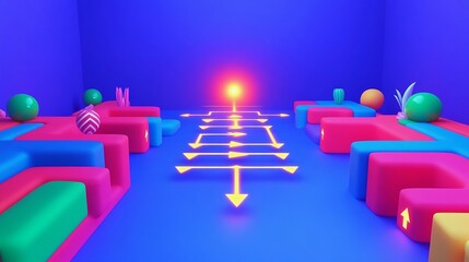 Obraz premium Luminous Maze with Light Arrows Guiding to a Central Glow