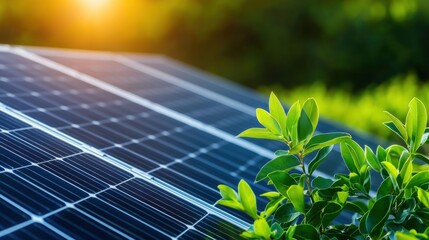 Fototapeta premium green energy alternative policy Concept. A close-up of solar panels with green leaves in the foreground, illuminated by sunlight, emphasizing renewable energy and nature's harmony.