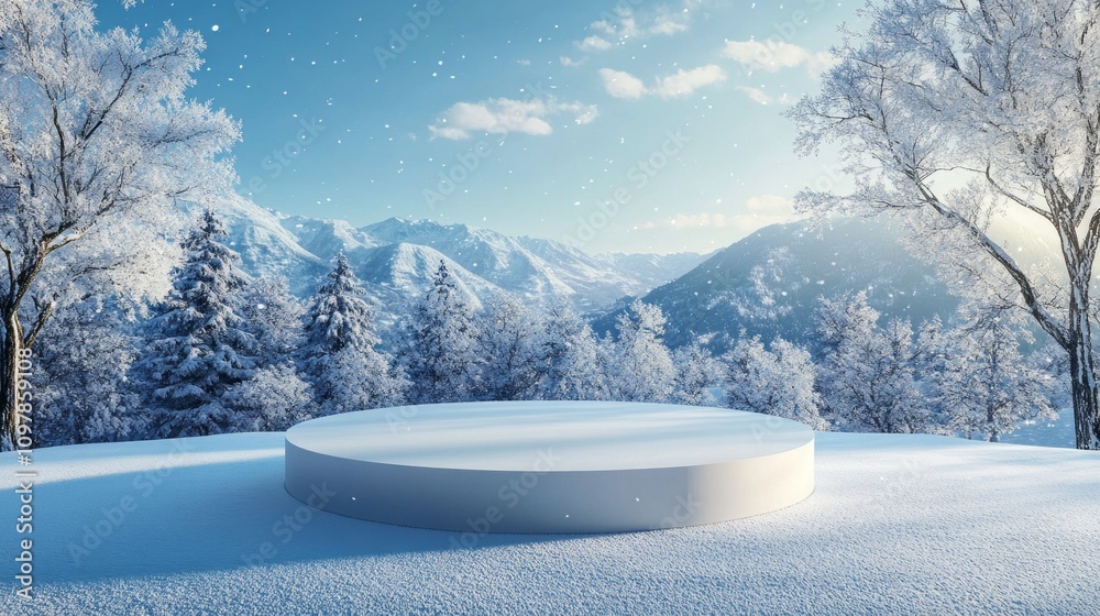 Poster a snow-covered mountain range with a large white circle in the foreground