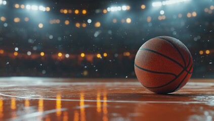 Obraz premium Basketball on the Court with Stadium Lights