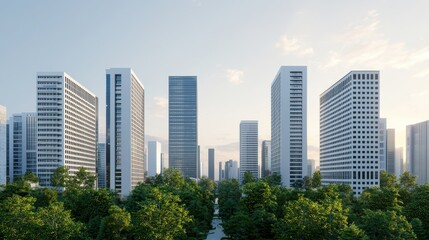 Fototapeta premium A modern cityscape featuring tall buildings surrounded by greenery, depicting a blend of nature and urban architecture under a clear sky.