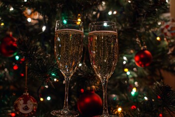 photo of champagne glasses in front of Christmas tree, close up, AI Generative