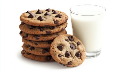 Stack of Chocolate Chip Cookies with Glass of Milk