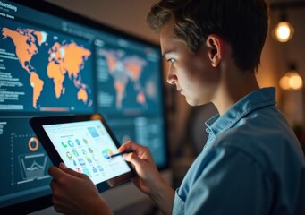 Young professional analyzing data on tablet in modern workspace.