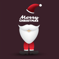 Merry Christmas Card With Funny Santa Claus Figure, Santa's Boots, Red Hat and Big White Beard on a Dark Brown Background