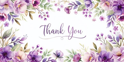 Elegant Thank You Card Design Featuring a Purple Flower Border in Watercolor Style, Perfect for Expressing Gratitude and Celebrating Special Occasions