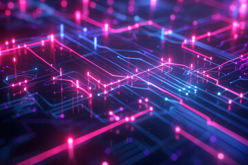 Fototapeta premium Technology and engineering background. Abstract technological network with glowing nodes and lines. Modern and complex background. Concept of future digital technology, glow of energy. Glow of energy