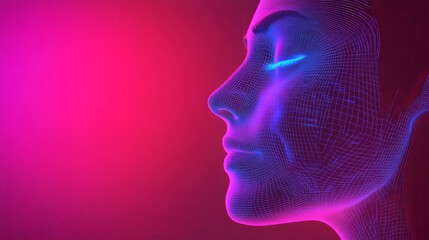 Minimalistic neon side portrait of a man with glowing digital grid patterns on his skin representing technological innovation and human connection in a futuristic environment