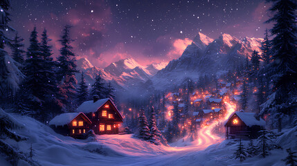 Snowy mountain village under a starry sky, with warm lights glowing from windows, and traditional wooden houses surrounded by snow, anime style, wallpaper