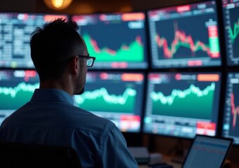 Fototapeta premium Trader analyzing stock market trends with multiple screens at night.
