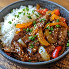 Sizzling Chinese pepper steak with onions served over fluffy rice, garnished with fresh chives. delicious and colorful dish that delights senses