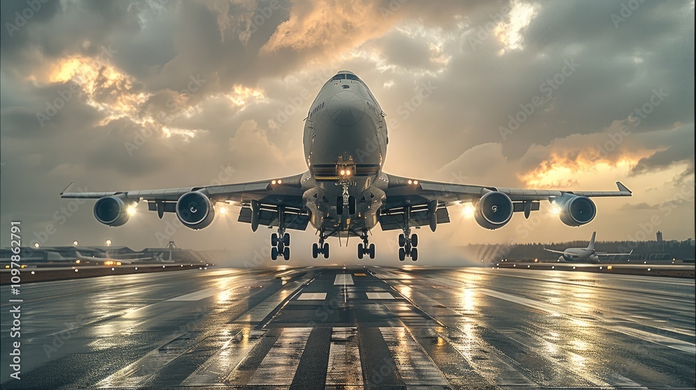 Poster a cargo plane captured from a low-angle, front-facing perspective as it takes off into the sky.