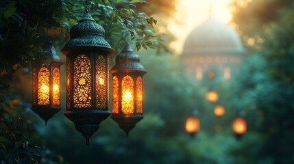 Green theme Ramadan background with lanterns on edges and corners, blurred mosque behind. ideal for cultural or religious themes, travel destinations, or Ramadan related designs.