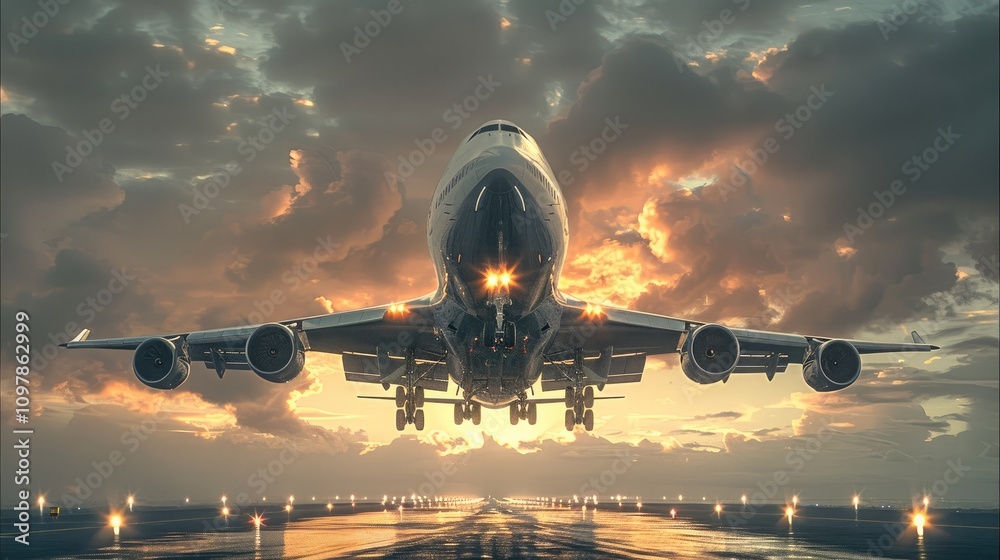 Poster a cargo plane captured from a low-angle, front-facing perspective as it takes off into the sky.