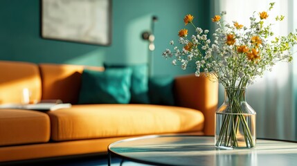 A contemporary living room with an orange sectional, teal accents, and a clear glass vase of fresh garden flowers on a minimalist coffee table
