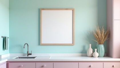 Fototapeta premium modern interior kitchen design in pastel colors with blank canvas mockup
