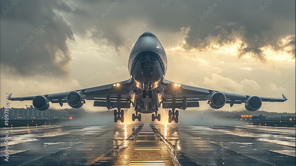 Poster a cargo plane captured from a low-angle, front-facing perspective as it takes off into the sky.
