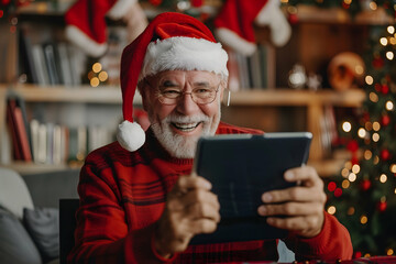 smiling senior man in santa hat making video call with tablet