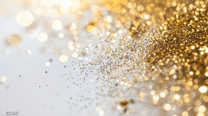 Bold golden "2025" in glitter texture, glowing softly against a minimalist white background