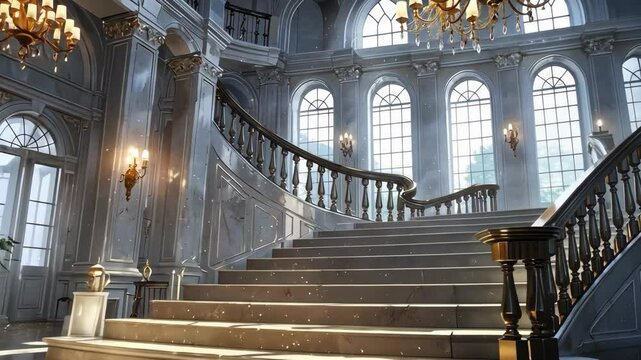 Video footage of grand, opulent staircase with marble steps, ornate railings, and large arched windows, illuminated by chandeliers and wall sconces