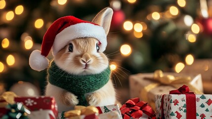 Cute bunny in Santa hat and scarf near Christmas gifts.
