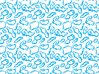 Seamless pattern made of hand drawn blue curvy maculas (spots). Abstraction. White background (backdrop). Vector illustration.