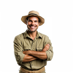 smiling male zookeeper cross hisr arms over his chest, white background