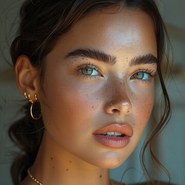 Model wearing simple gold jewelry on her ear, specifically her ear lobe, helix, Ear bones and conch bones.