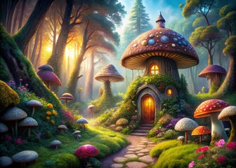 Fototapeta premium Enchanted Mushroom House Surrounded by Mystical Forest Creatures and Vibrant Flora in a Surreal Fantasy Landscape with High Depth of Field for Dreamlike Imagery