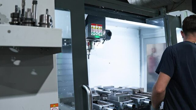 Machinist monitoring cnc milling machine at work