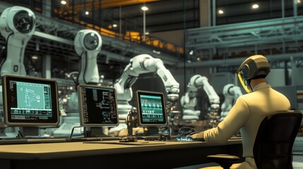 Fototapeta premium Engineer manager observing multiple robotic arms engaged in welding operations, while seated at a control desk filled with advanced monitoring software.