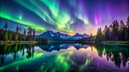 Fototapeta premium Enchanting Aurora Borealis Illuminates Serene Lake, Creating a Magical Reflection in Calm Waters Surrounded by Majestic Mountains and Lush Forests at Night