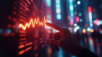 Hand holding glowing line chart against blurred background of stock ticker display - Futuristic and dramatic, low lighting