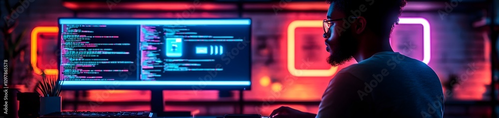 Poster a programmer working on code in a dimly lit room with neon lights.