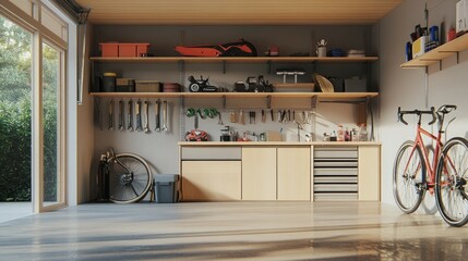A minimalist garage interior with organized hanging racks for tools, bicycles on the wall, and shelves for neatly stored household items