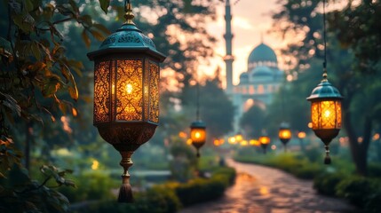 Fototapeta premium Green theme Ramadan background with lanterns on edges and corners, blurred mosque behind. ideal for cultural or religious themes, travel destinations, or Ramadan related designs.