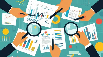 Obraz premium A modern flat illustration of market research, featuring people using magnifying glasses, charts, and reports in vibrant and clean vector visuals