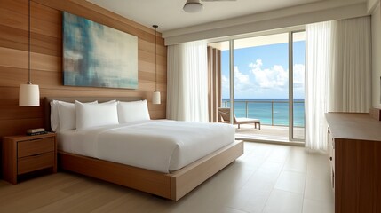 Luxurious beachfront bedroom with ocean view, king bed, and wooden accents.