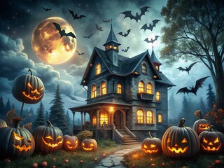 Fototapeta premium Enchanting Halloween Night at a Haunted House Adorned with Jack O' Lanterns and Bats, Perfect for Spooky Fashion Photography