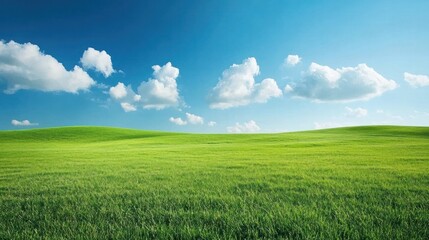 Wide expanse of a lush green field under a vibrant blue sky