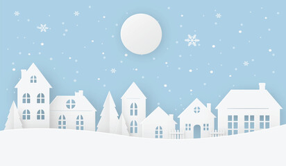 Views of the house in winter on a snowy day with full moon