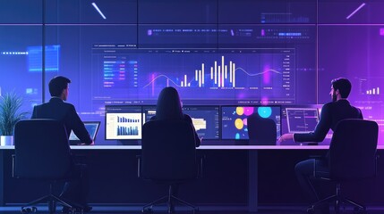 A modern workspace with a group of executives monitoring real-time analytics on a dashboard, discussing trends and financial strategies collaboratively