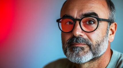Fototapeta premium Intellectual older man with glasses and a red glow in a dark background symbolizing focus thoughtfulness and deep introspection in a creative and atmospheric style