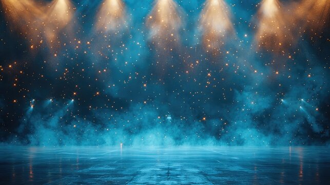 Empty cheerleader background big powder splash petrol blue gold background lights bright indoor stadium.