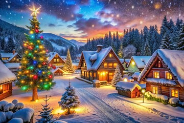 Enchanting Snowy Village Adorned with Twinkling Christmas Lights Under a Gentle Snowfall, Perfect for Holiday Spirit and Winter Wonderland Photography