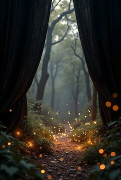 A path through a misty forest, framed by dark curtains. Generative Ai